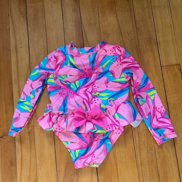 Tommy Bahama Pink Girls 24m One Piece Long Sleeve Swimsuit Floral Bow - Picture 1 of 4